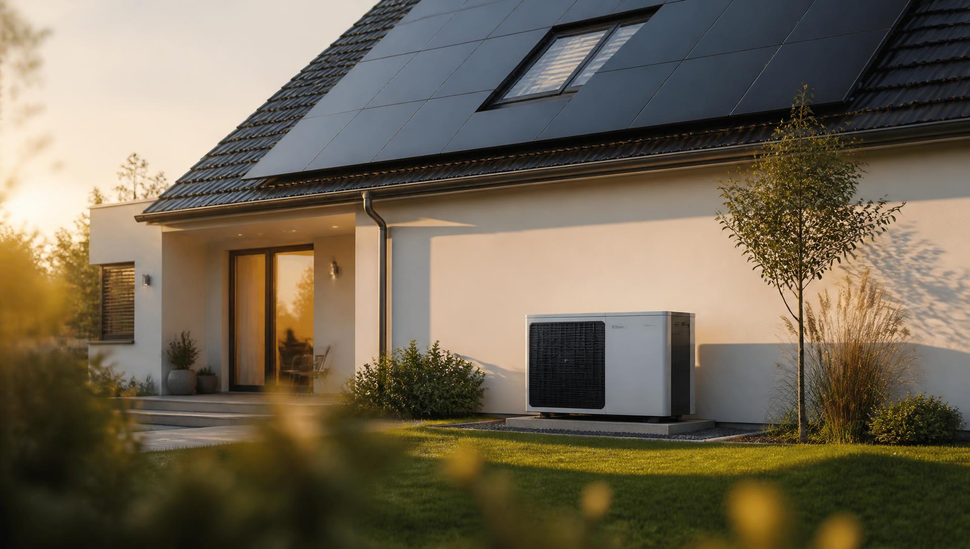 Modernes Einfamilienhaus mit Photovoltaikdach und Wärmepumpe im Abendlicht